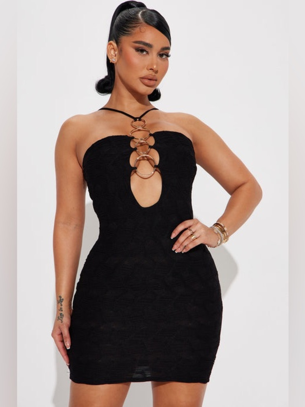 Fashion Nova Black Mini Dress with Gold Ring Details